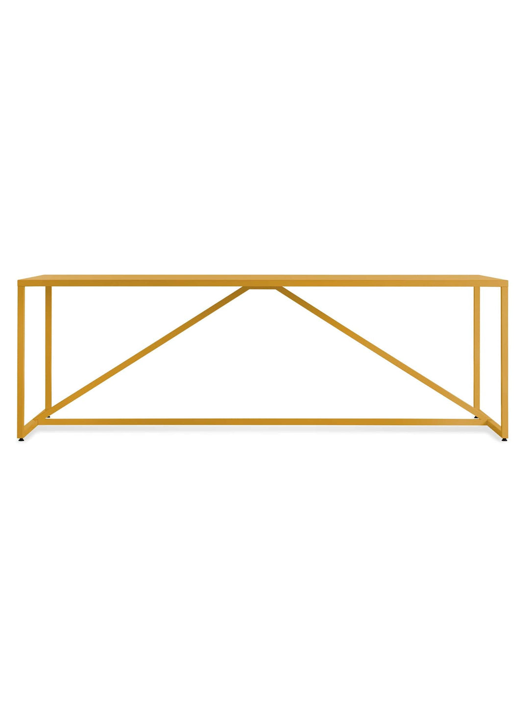 Table à dîner Strut Blu Dot : design audacieux et légèreté visuelle. moutarde