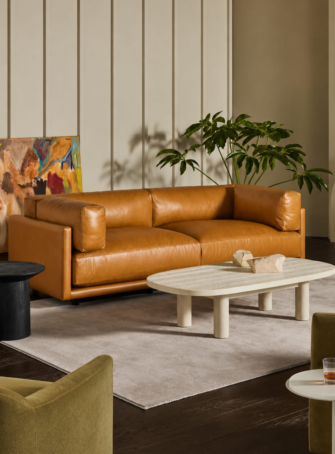 Sofa Blu Dot Sunday, canapé 102" fabriqué à la main en Caroline du Nord. canyon leather