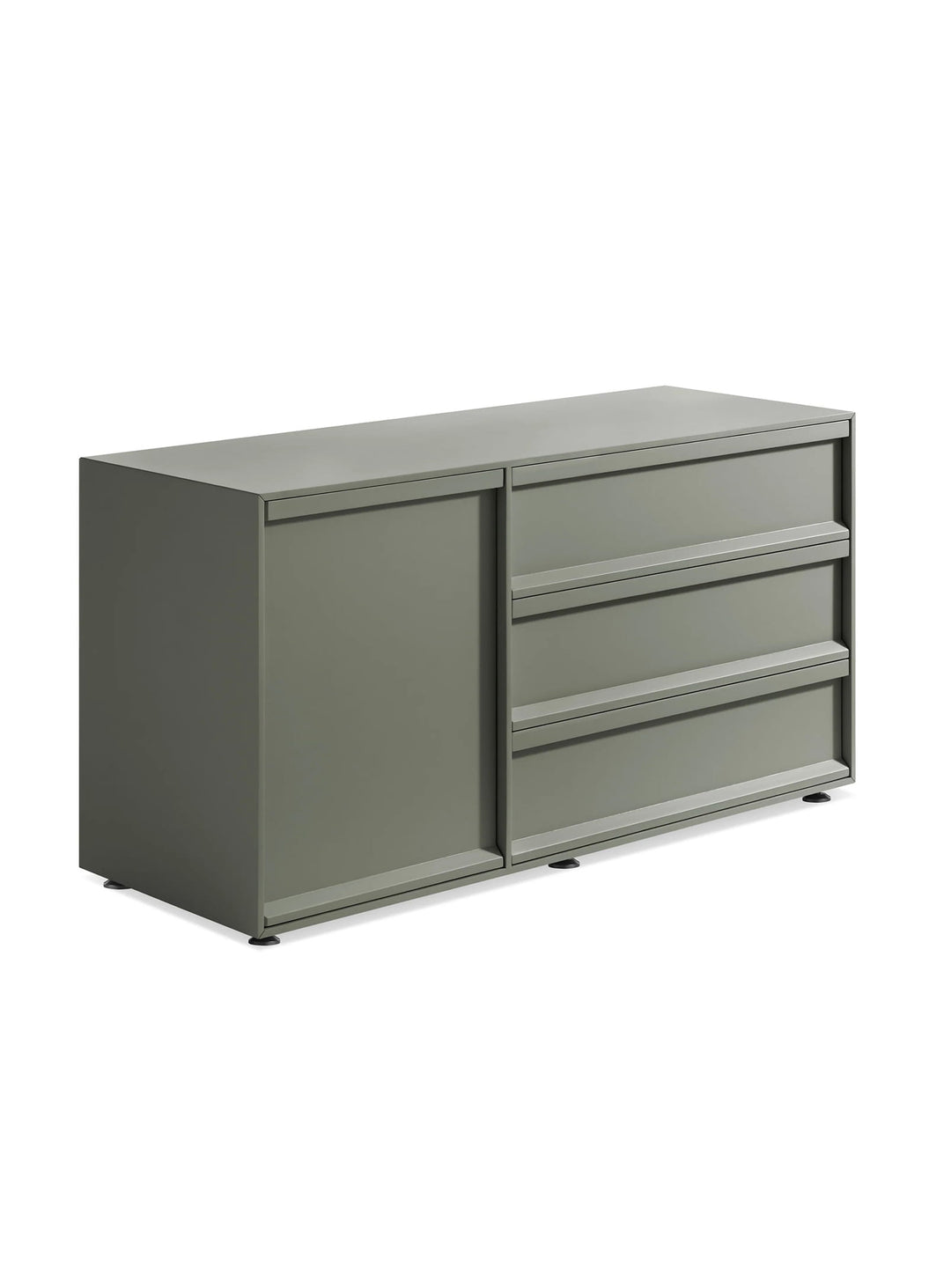 Buffet Superchoice de Blu Dot au design épuré avec 1 porte et 3 tiroirs à fermeture douce. grey green