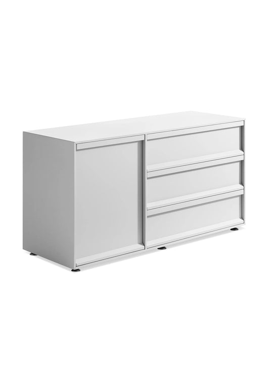 Buffet Blu Dot Superchoice à 1 porte et 3 tiroirs, idéal pour organiser le salon, le bureau ou la salle à manger. blanc