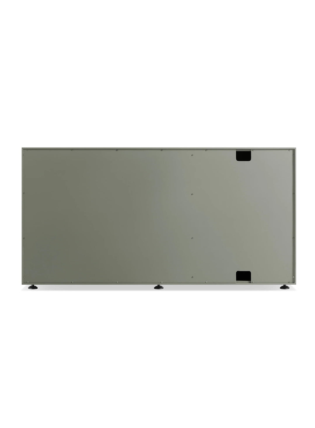 Buffet Blu Dot Superchoice avec 3 tiroirs, compartiment fermé et passages de câbles intégrés. grey green