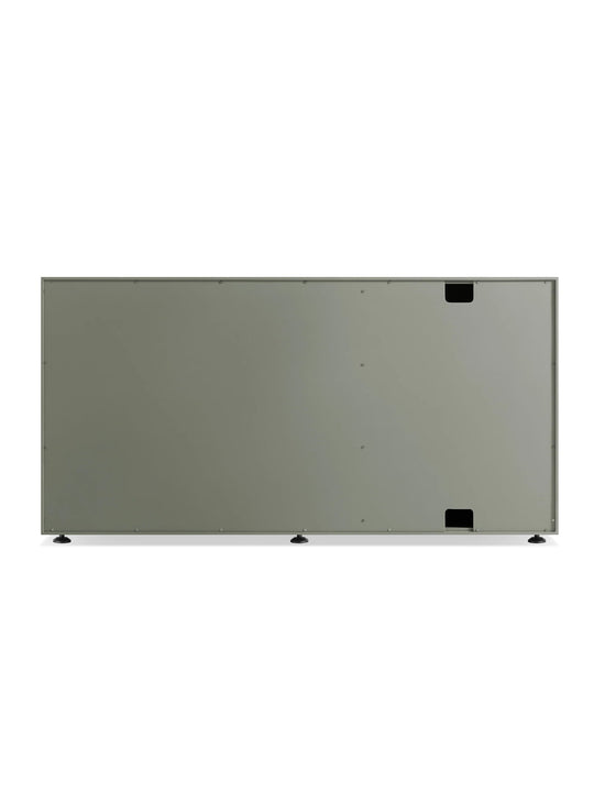 Buffet Blu Dot Superchoice avec 3 tiroirs, compartiment fermé et passages de câbles intégrés. grey green