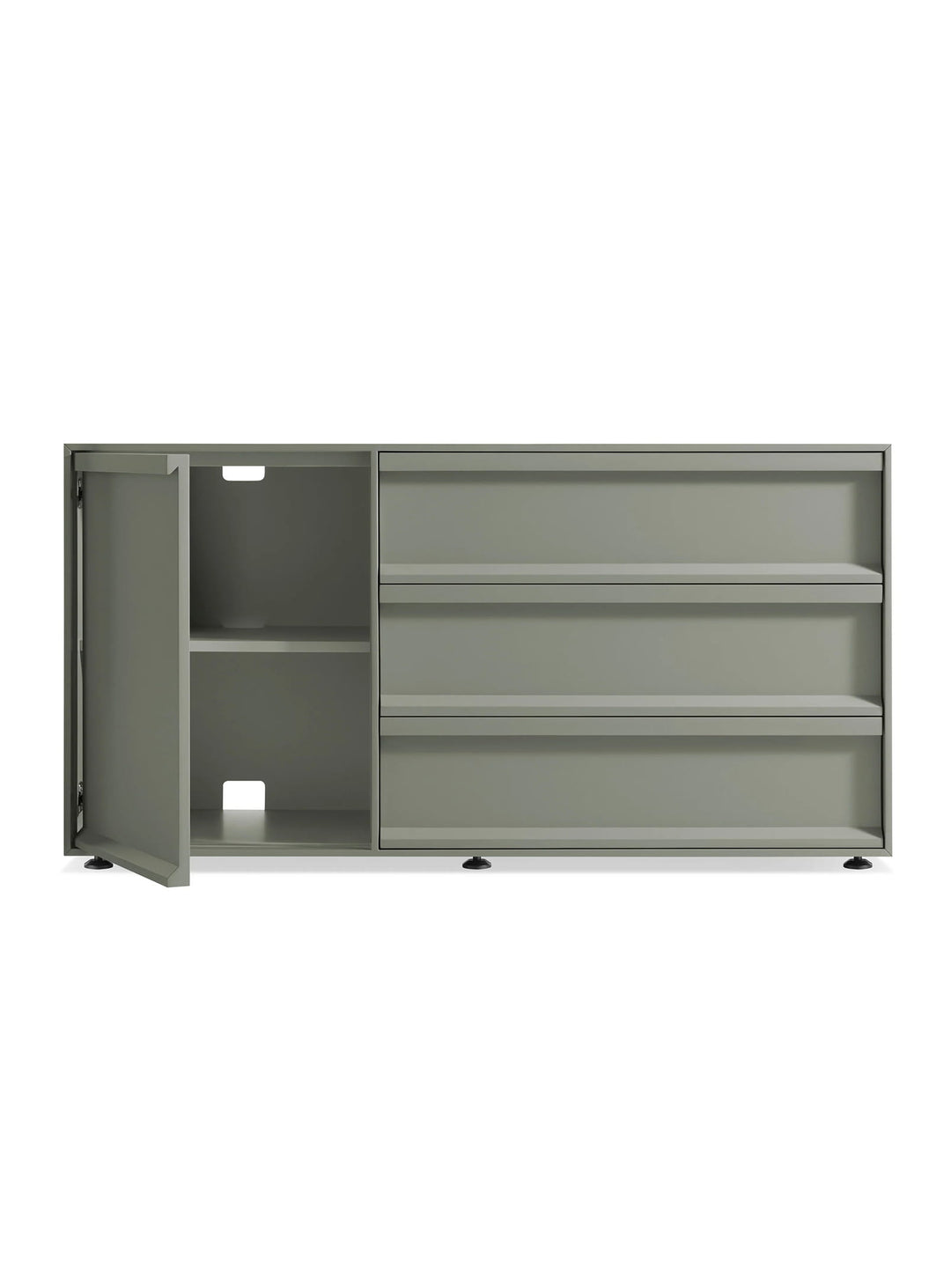 Buffet Blu Dot Superchoice au format allongé avec 1 porte, 3 tiroirs et design minimaliste. grey green