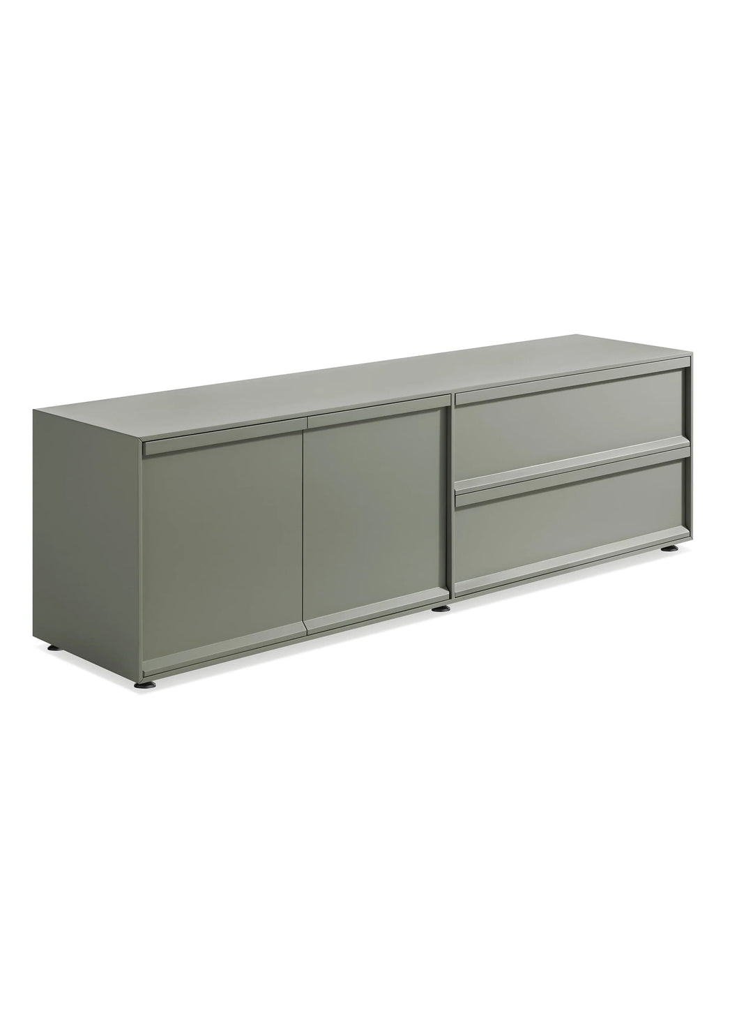 Buffet Superchoice de Blu Dot au design épuré avec 2 portes et 2 tiroirs à fermeture douce. grey green