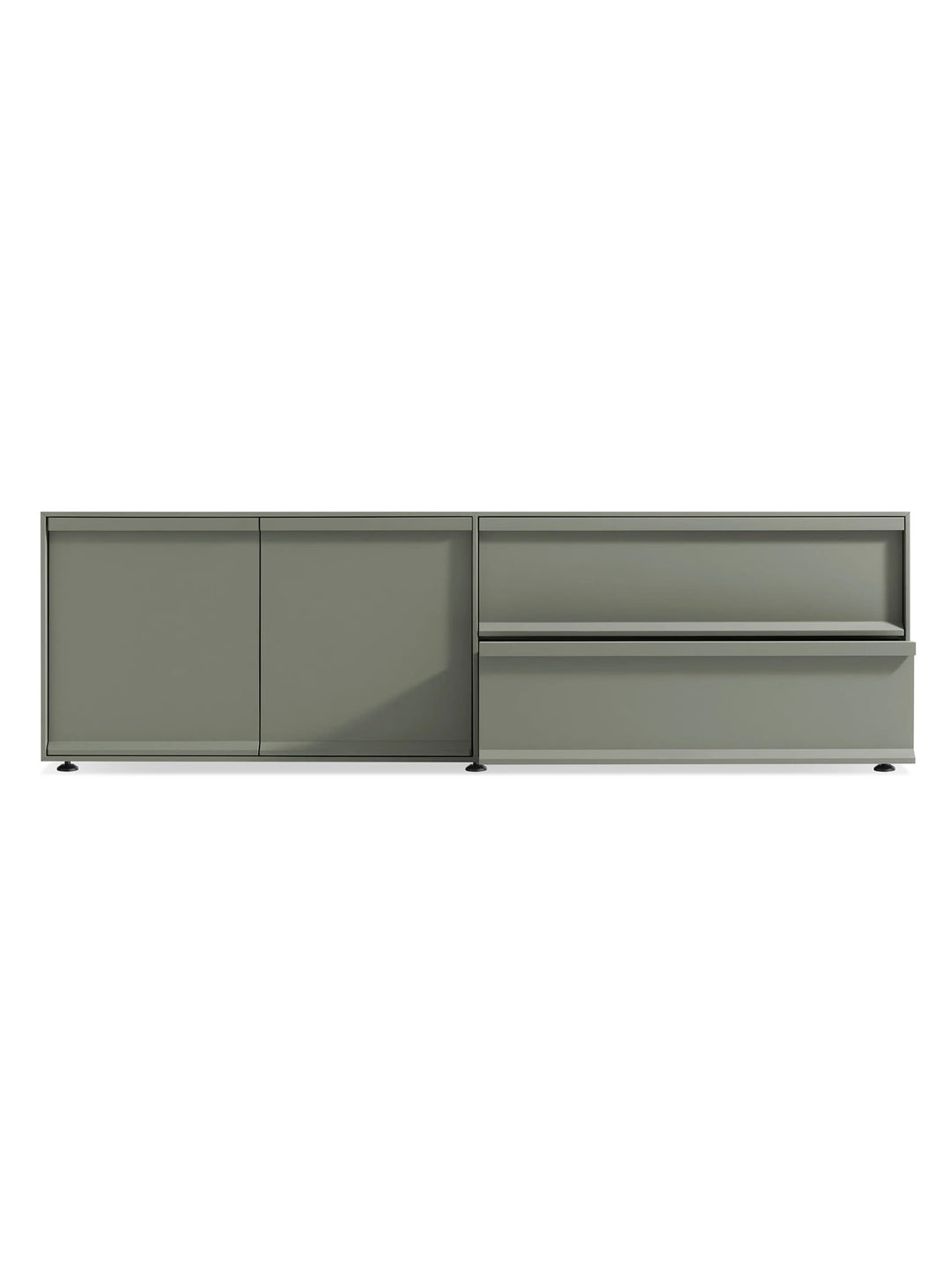 Buffet Blu Dot Superchoice au design minimaliste, idéal comme rangement au salon, bureau ou dans la chambre. grey green