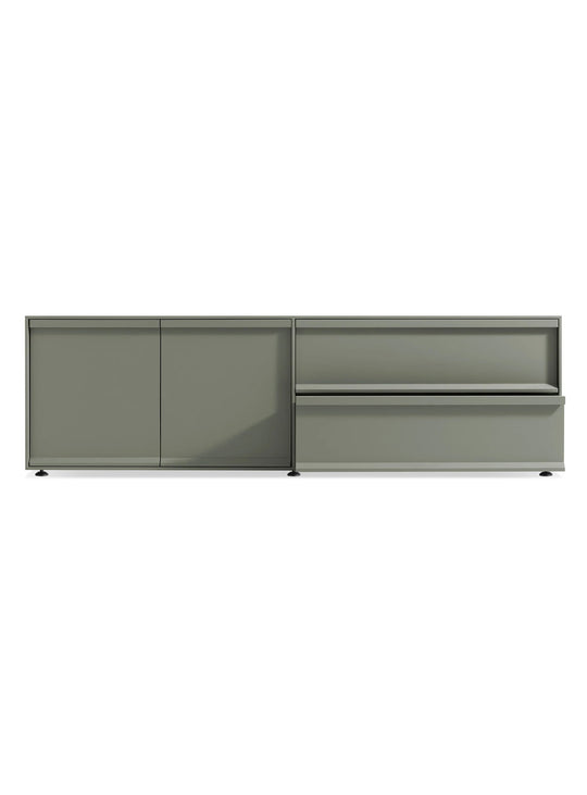 Buffet Blu Dot Superchoice au design minimaliste, idéal comme rangement au salon, bureau ou dans la chambre. grey green