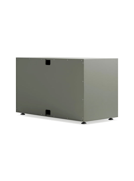Buffet Blu Dot Superchoice au format compact avec 2 portes et un design minimaliste contemporain. grey green