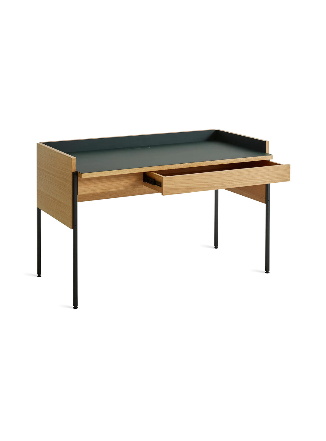 Bureau Tabloid de Blu Dot avec deux tiroirs discrets et gestion cachée des câbles pour un espace bien rangé. navy green