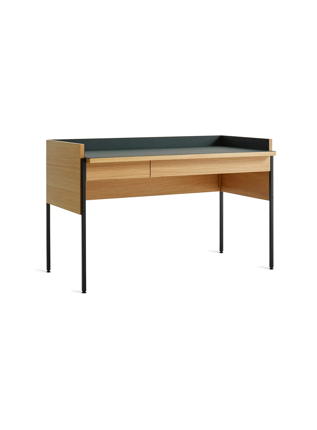 Bureau Blu Dot Tabloid au design épuré avec deux tiroirs, plateau en linoléum et rangement pour les câbles. navy green