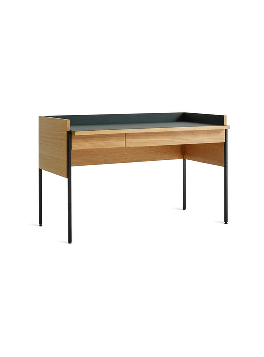 Bureau Blu Dot Tabloid au design épuré avec deux tiroirs, plateau en linoléum et rangement pour les câbles. navy green
