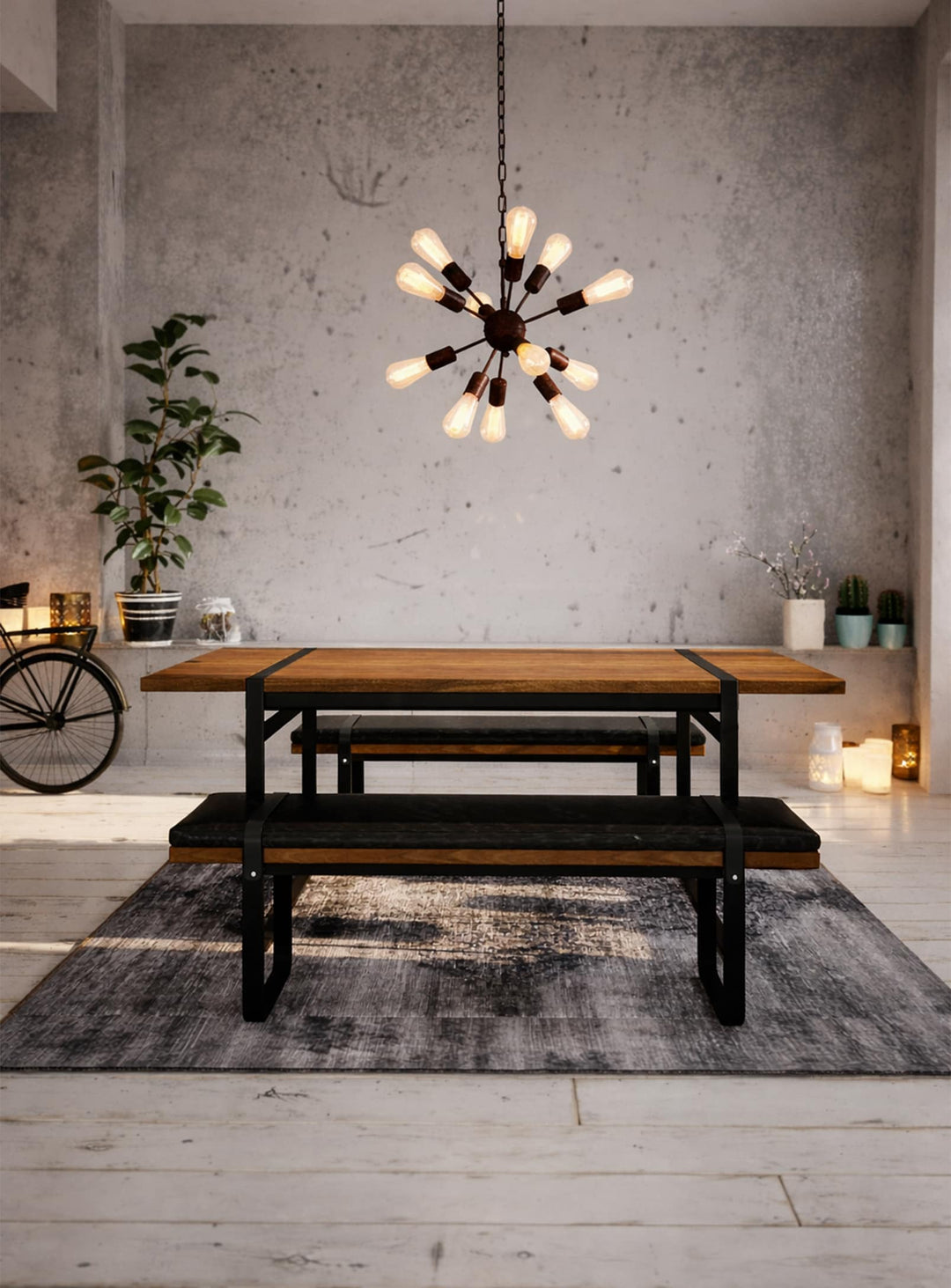 Banc Brooklyn style industriel : banquette cuir, structure métal et bois pour une pièce maîtresse élégante.