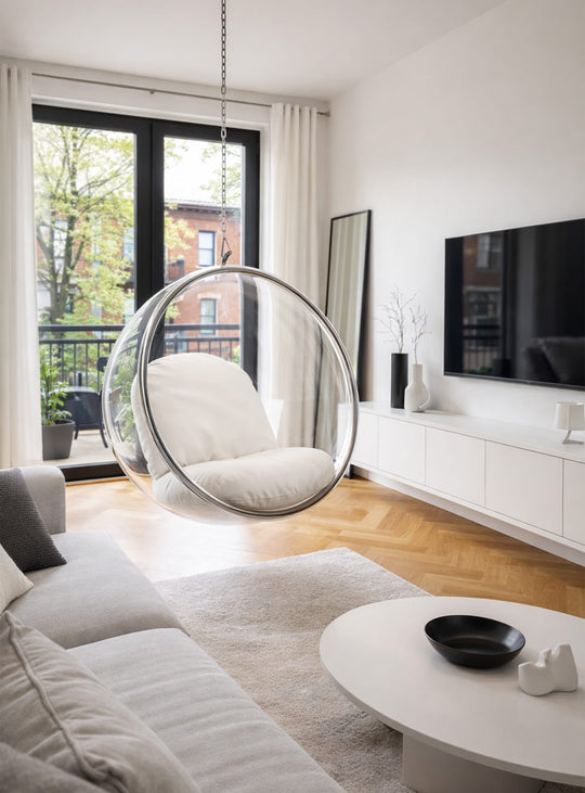 Le fauteuil suspendu Bubble illumine votre intérieur avec son design aérien et sa coque translucide. creme