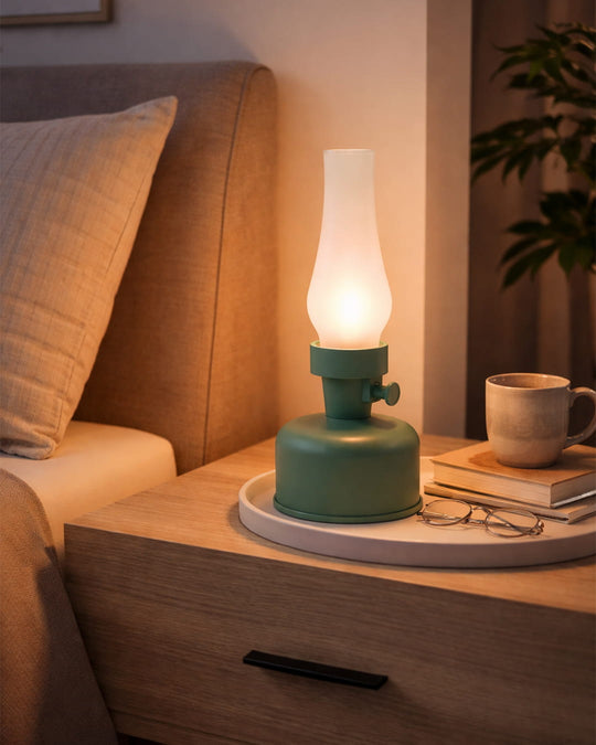 Lampe LED Cheminée en forme de lanterne, éclairage doux et intensité variable. vert