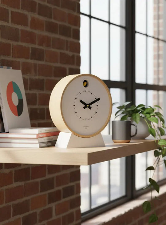 Horloge coucou Cloudnola Dot : un modèle moderne et minimaliste imaginé par Renée Vendrig aux Pays-Bas.