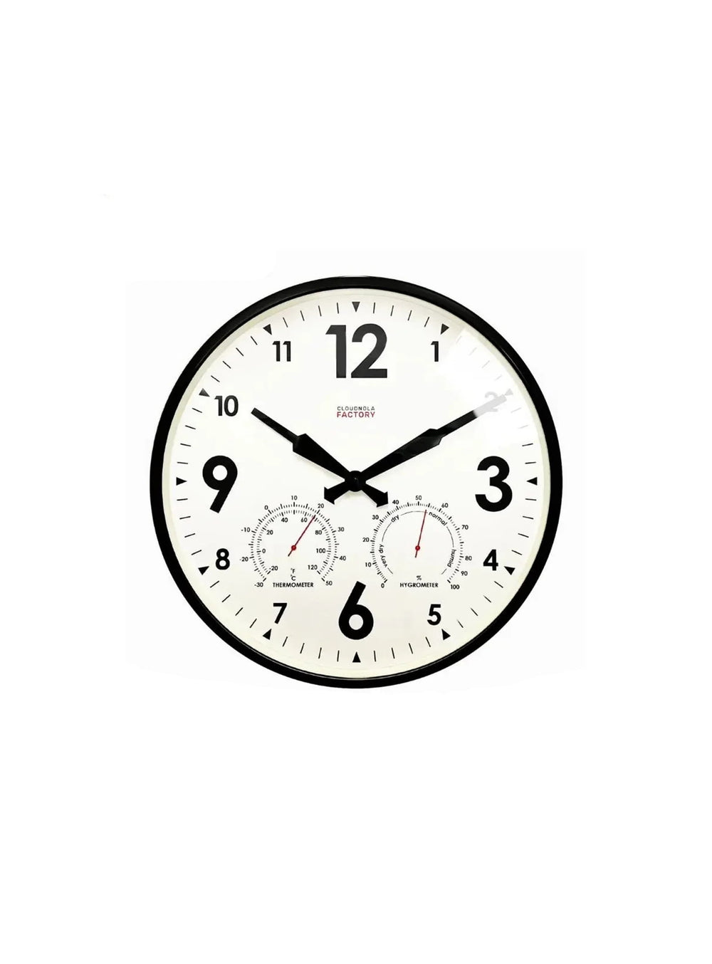 Horloge d’extérieur Cloudnola Factory : une horloge 45 cm résistante aux intempéries avec thermomètre intégré.