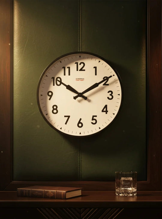 Horloge murale Cloudnola Factory : design industriel, cadran beige et grands chiffres noirs pour une lecture facile.