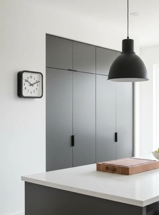 Horloge Cloudnola Square : un modèle 36 cm élégant avec mouvement silencieux et aiguilles visibles dans la pénombre.