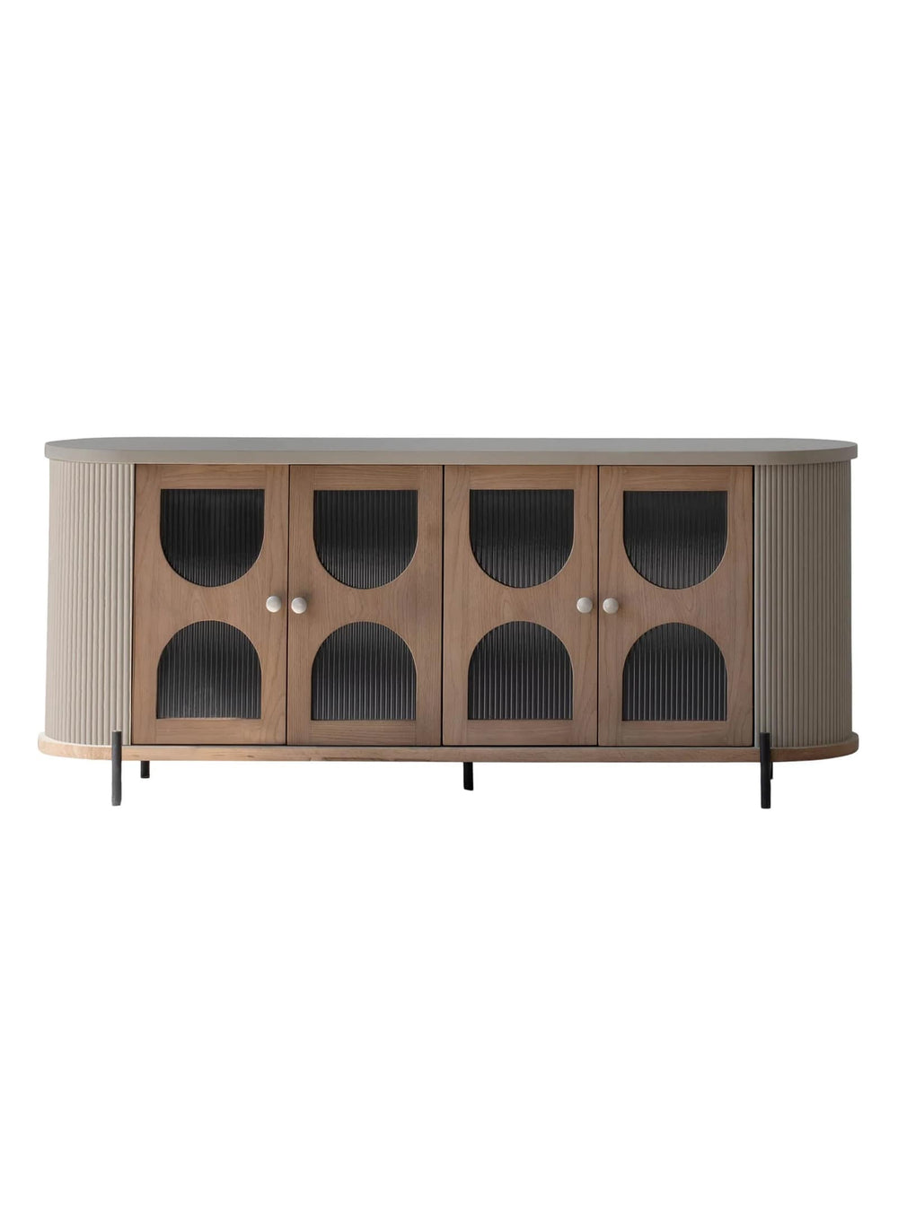 Le buffet Colosseo allie chêne, acier et verre pour un rendu luxueux.