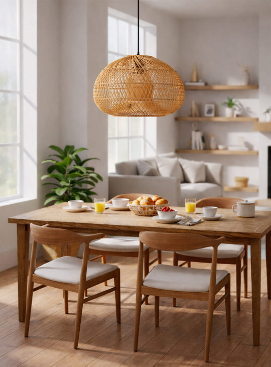 Lampe suspendue Dome Large en rotin tressé, design naturel et éclairage chaleureux.