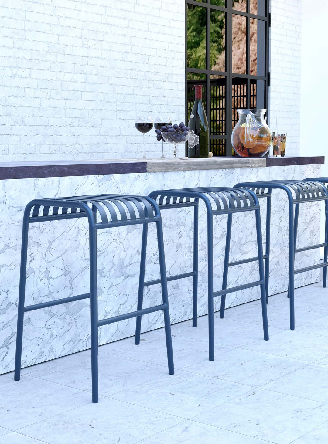 Tabouret de bar Enid acier anticorrosion pour usage extérieur. bleu foncé