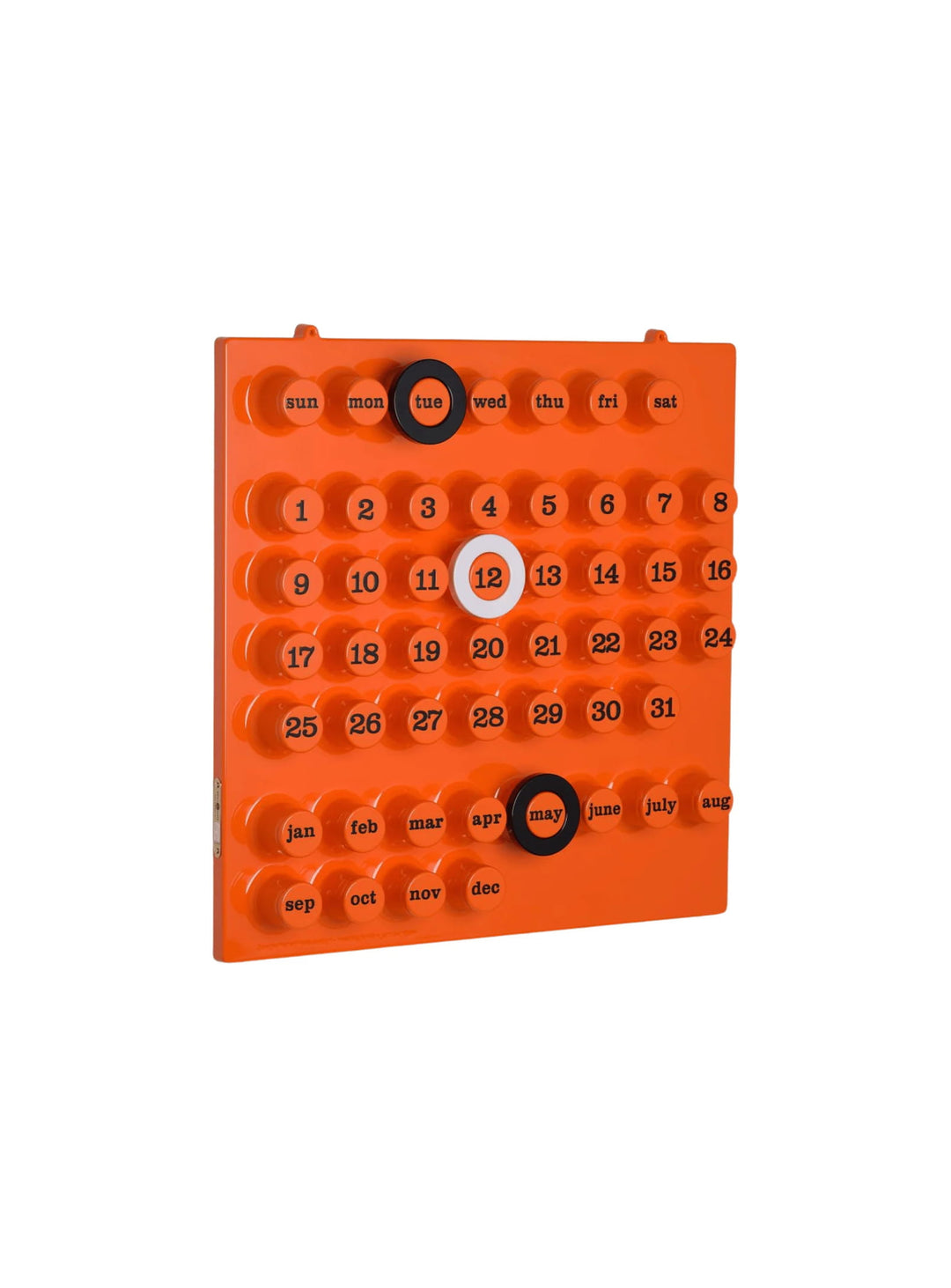 Calendrier perpétuel Ring-A-Date d'Euroway, un objet culte du design italien autrefois exposé au MoMA. orange
