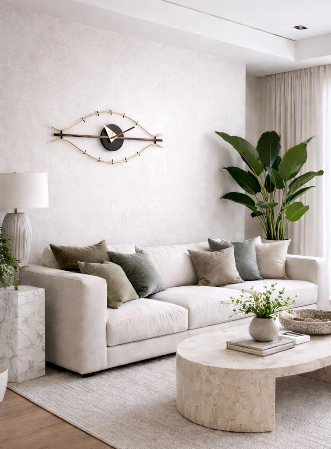 Horloge Eye, design mid-century en noyer et laiton au style iconique.