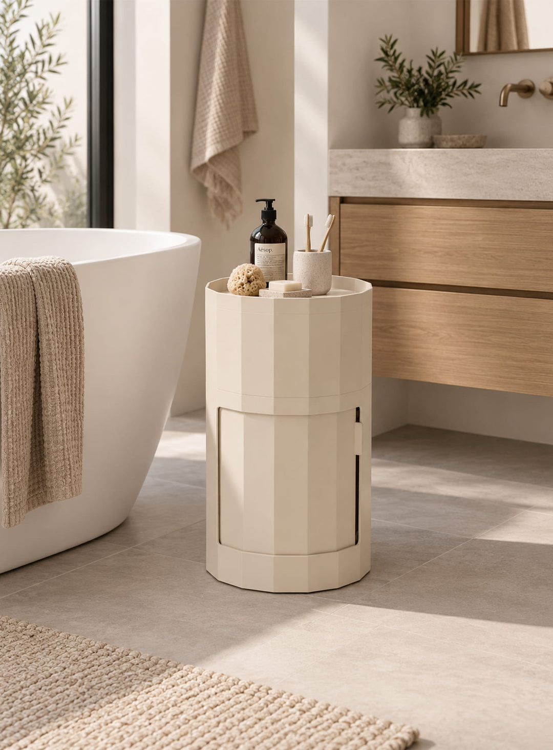 La table d'appoint Facet 101 de HKliving associe design néerlandais, rangement généreux et matière recyclée. crème