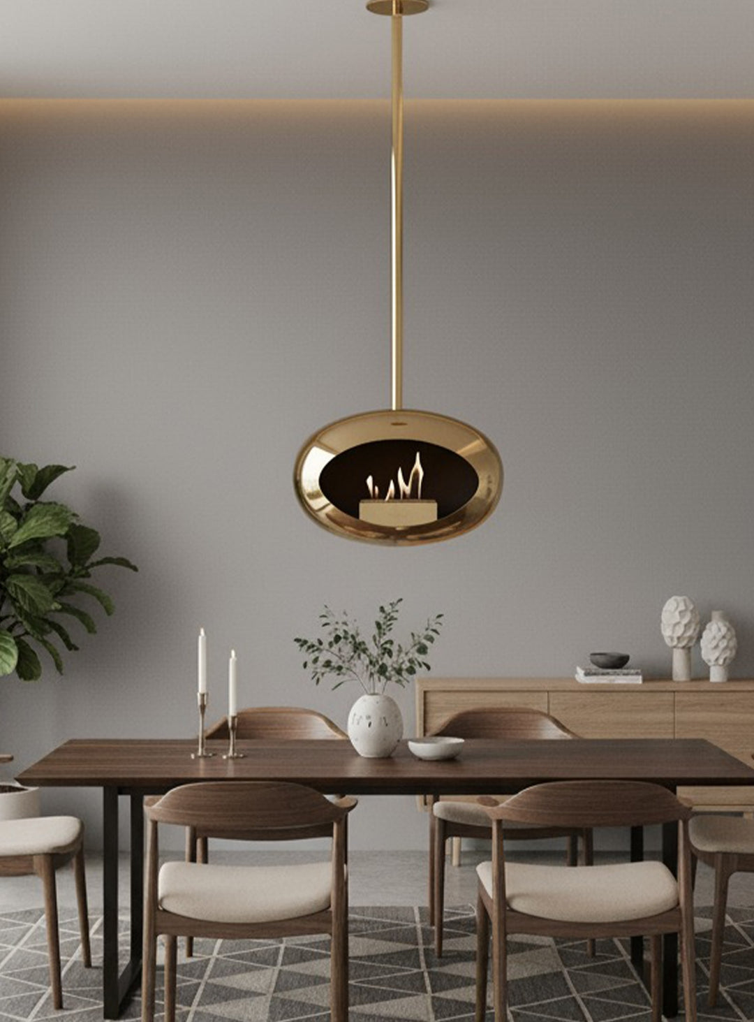 Cheminée suspendue Sky Dome or rose chromé de Le Feu : éclat et modernité.