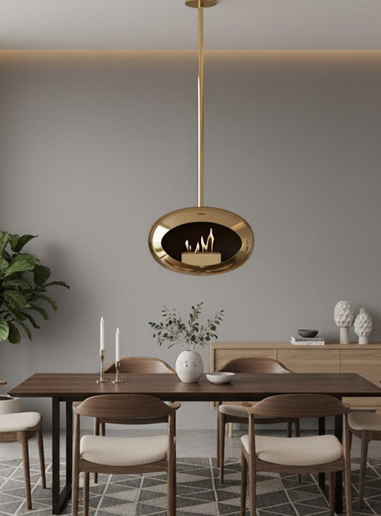 Cheminée suspendue Sky Dome or rose chromé de Le Feu : éclat et modernité.