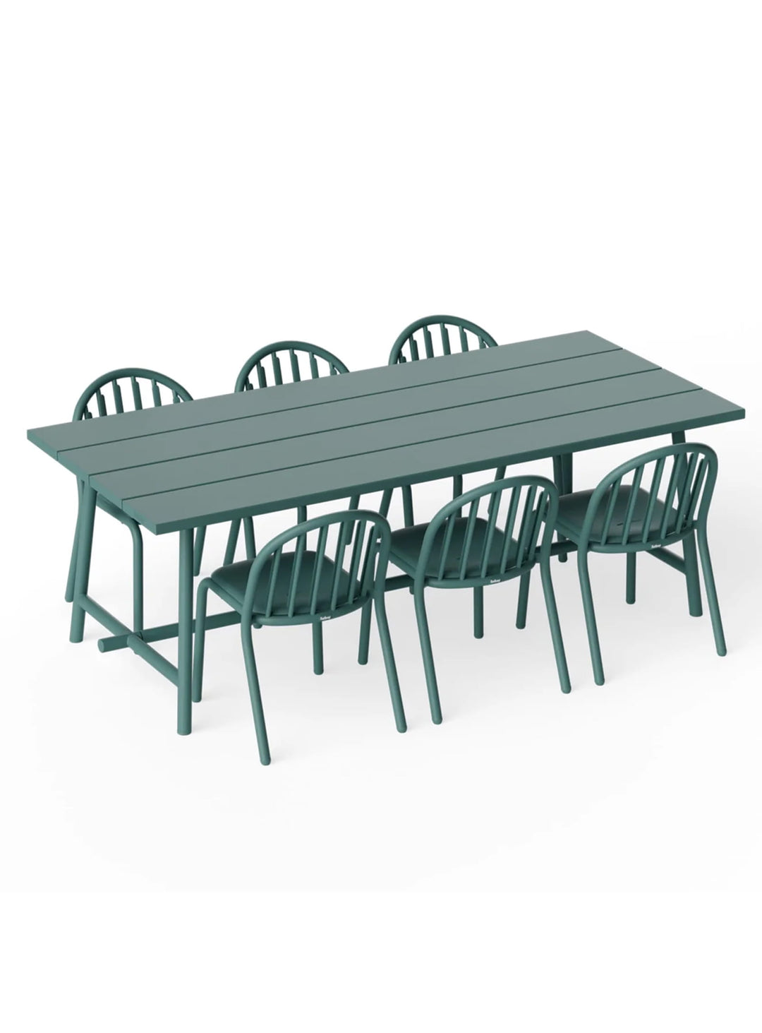 Ensemble salle à manger d’extérieur Fred’s 6 places de Fatboy chaises empilables. vert sage