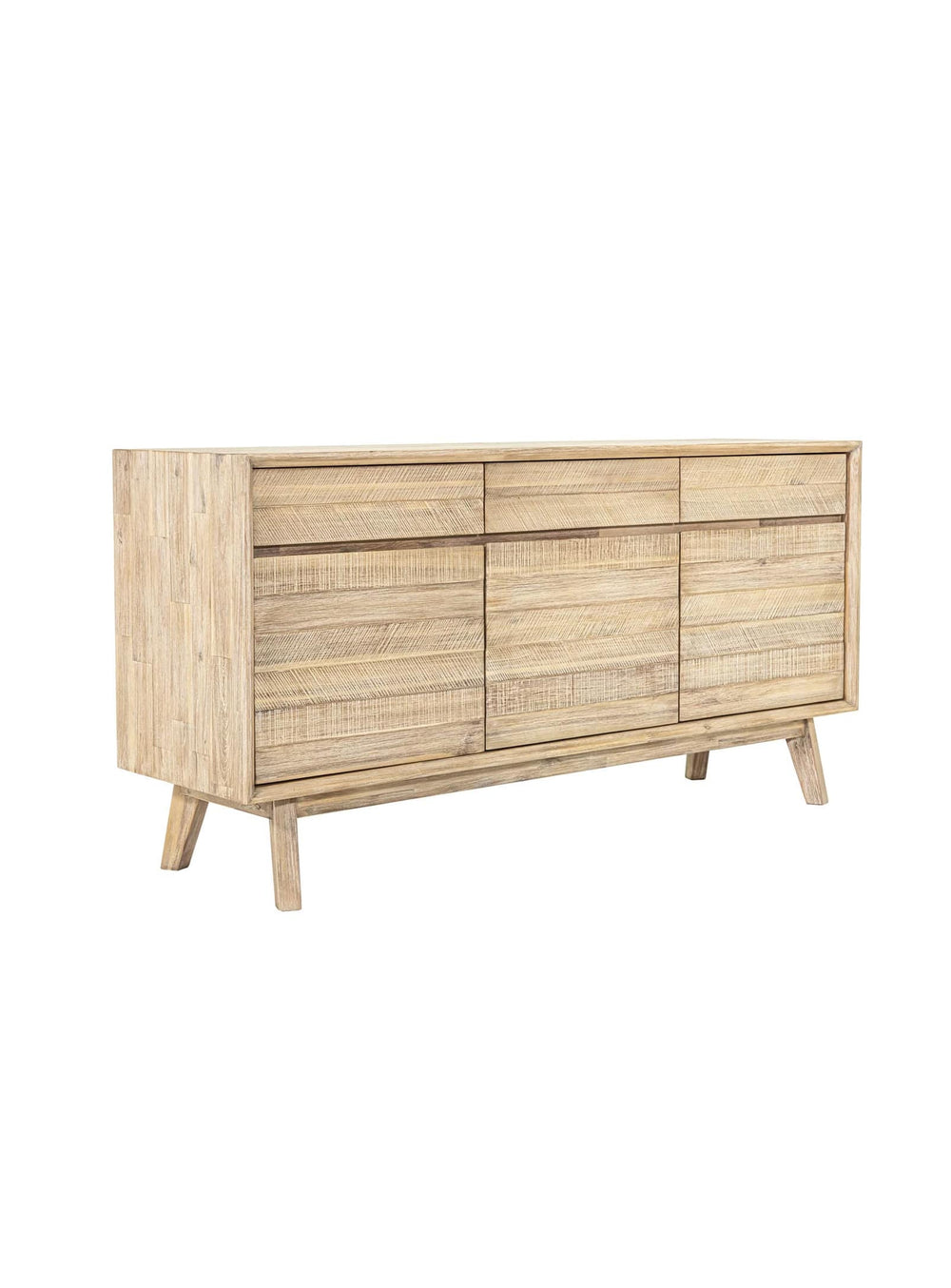 Buffet Gia élégant et fonctionnel, finition claire en acacia avec texture effet acier brossé.