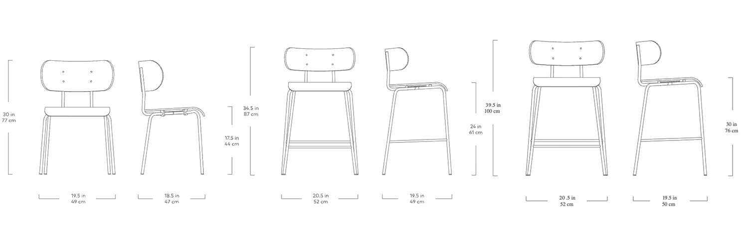 Bantam, chaises et tabourets par Gus* Modern, dimensions