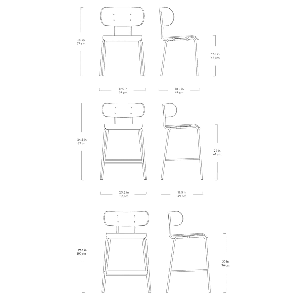Bantam, chaises et tabourets par Gus* Modern, dimensions