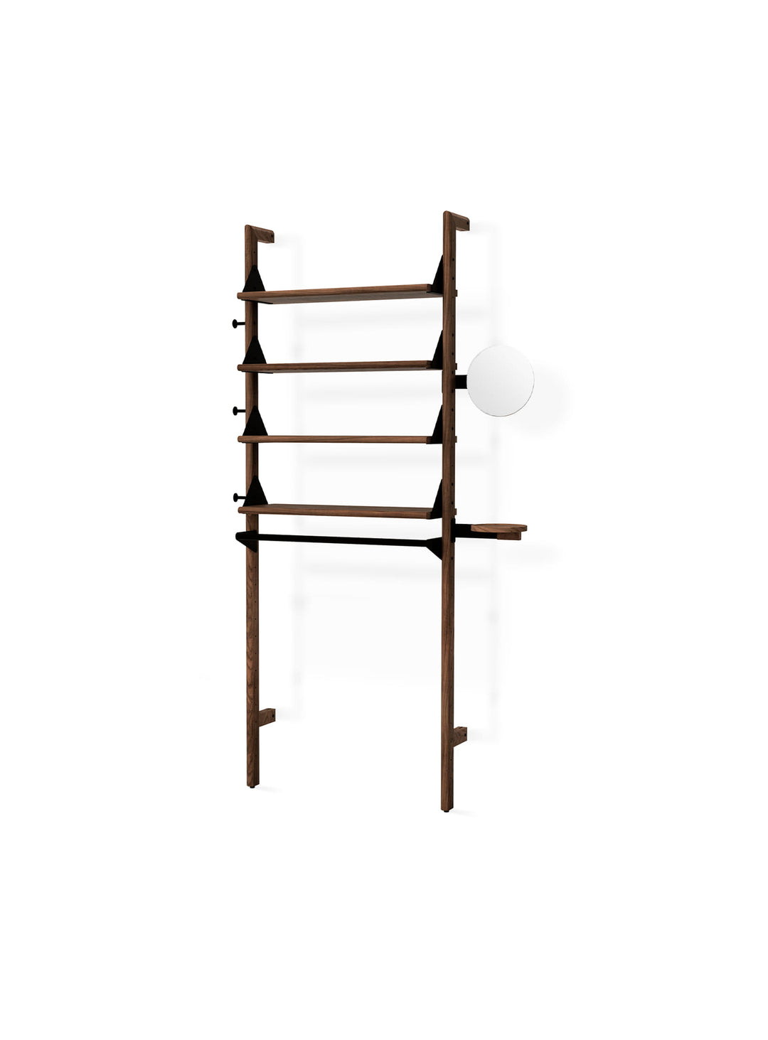 Branch 1 Display de Gus* Modern et un meuble de rangement idéal pour les petits espaces. il possède une tringle, des étagères et des accessoires. noir et noyer 