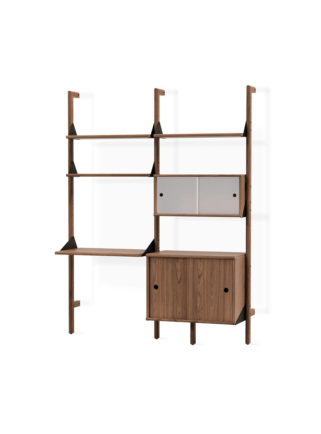 Meuble de rangement Branch 2 par Gus* Modern. Cette version en noir et noyer est composée de plusieurs rangements différents et d'un bureau.