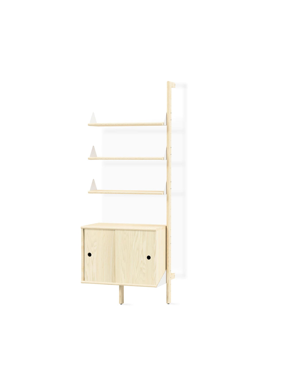 Extension Branch de Gus avec trois étagères et une grande armoire, design modulable. Blanc et naturel.