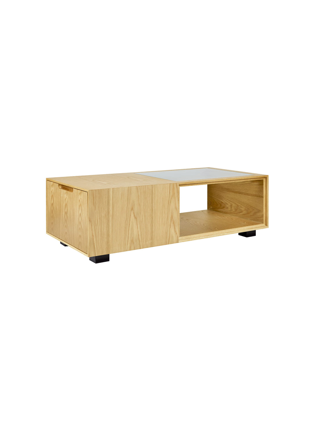 Table à café Gus* Modern Conway : une pièce élégante avec rangement discret et plateau en verre cannelé. chene royal