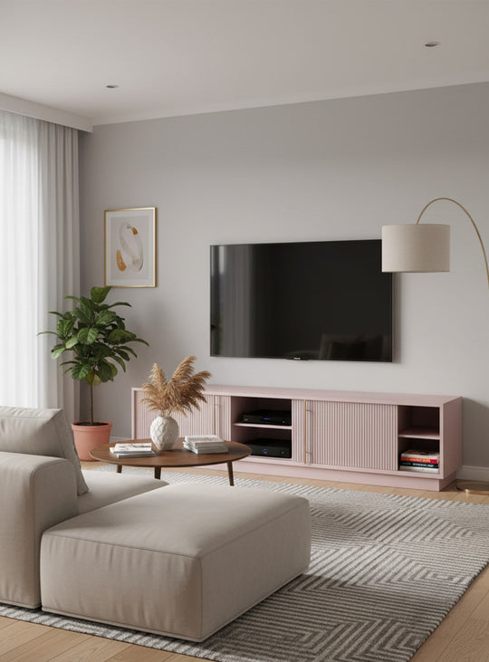 Meuble TV Elora Gus* Modern, rangement spacieux avec gestion discrète des câbles. chiffon