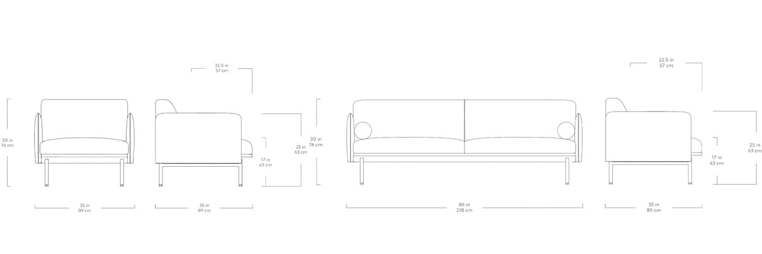 Collection Foundry de Gus* Modern, fauteuils et sofas, dimensions