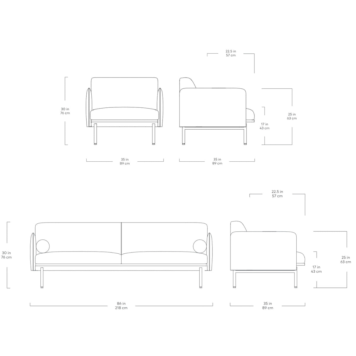 Collection Foundry de Gus* Modern, fauteuils et sofas, dimensions
