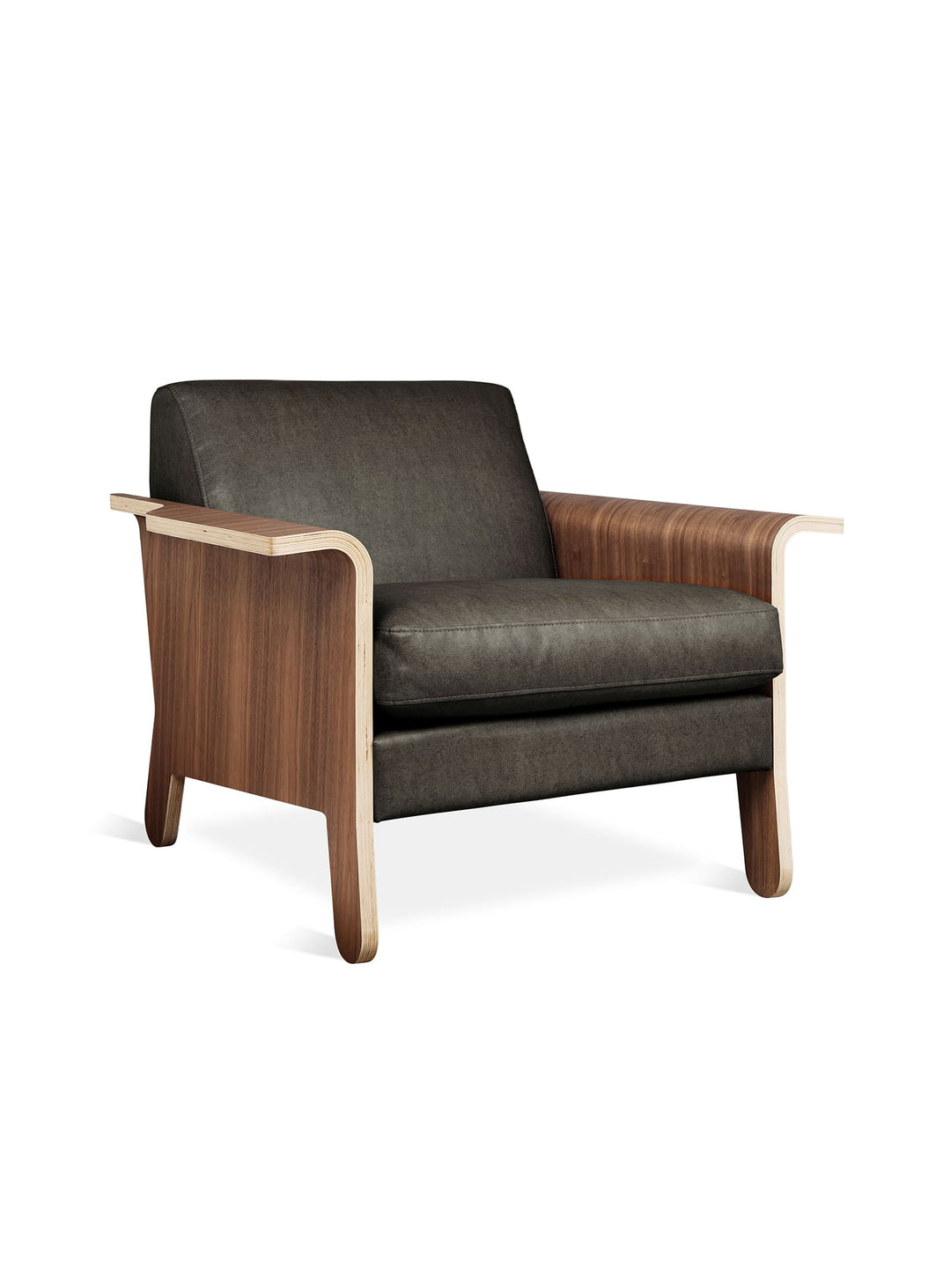 Fauteuil club Lodge Gus* Modern : confort, style et chaleur du noyer. Cuir vegan licorice.