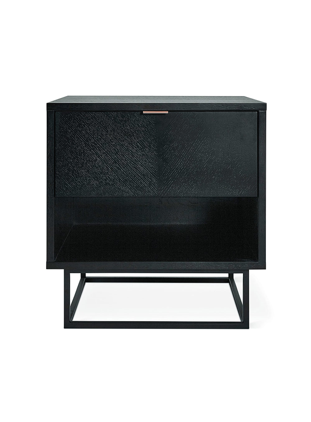 Table d'appoint Myles de Gus* Modern : chêne à chevrons, or rose et élégance moderne.