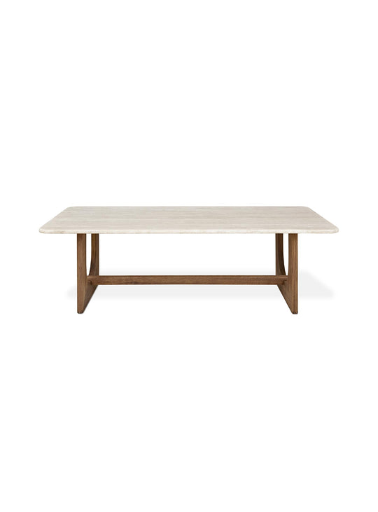 Travertin naturel et bois massif définissent la table à café Portico de Gus* Modern. Noyer.