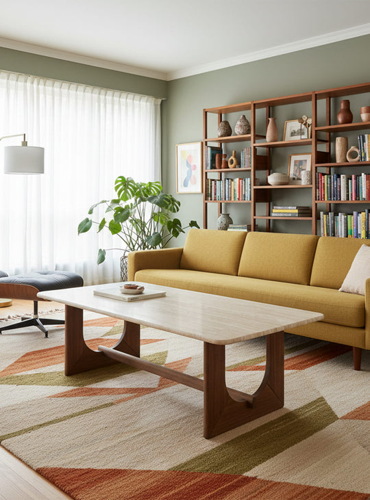 La table à café Portico de Gus* Modern : plateau en travertin et base en bois massif. Noyer.
