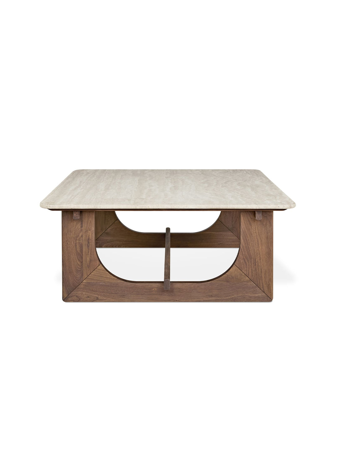 Bois massif et pierre naturelle définissent la table à café Portico de Gus* Modern. Noyer.