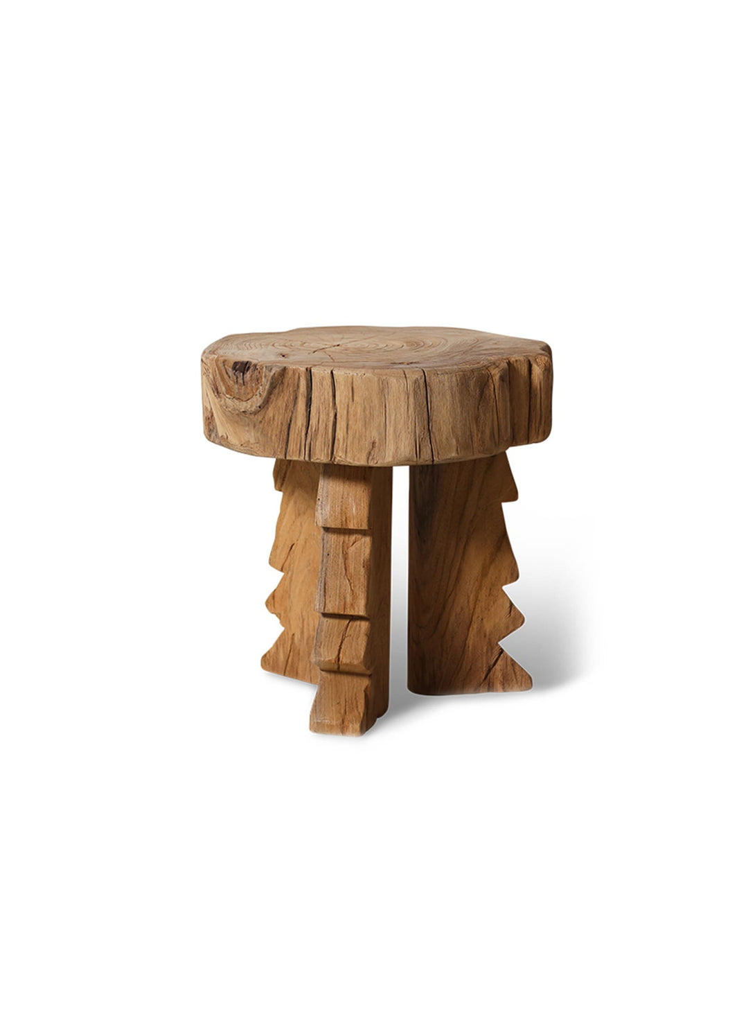 Tabouret Carved HKliving, une pièce artisanale en teck massif au caractère unique.