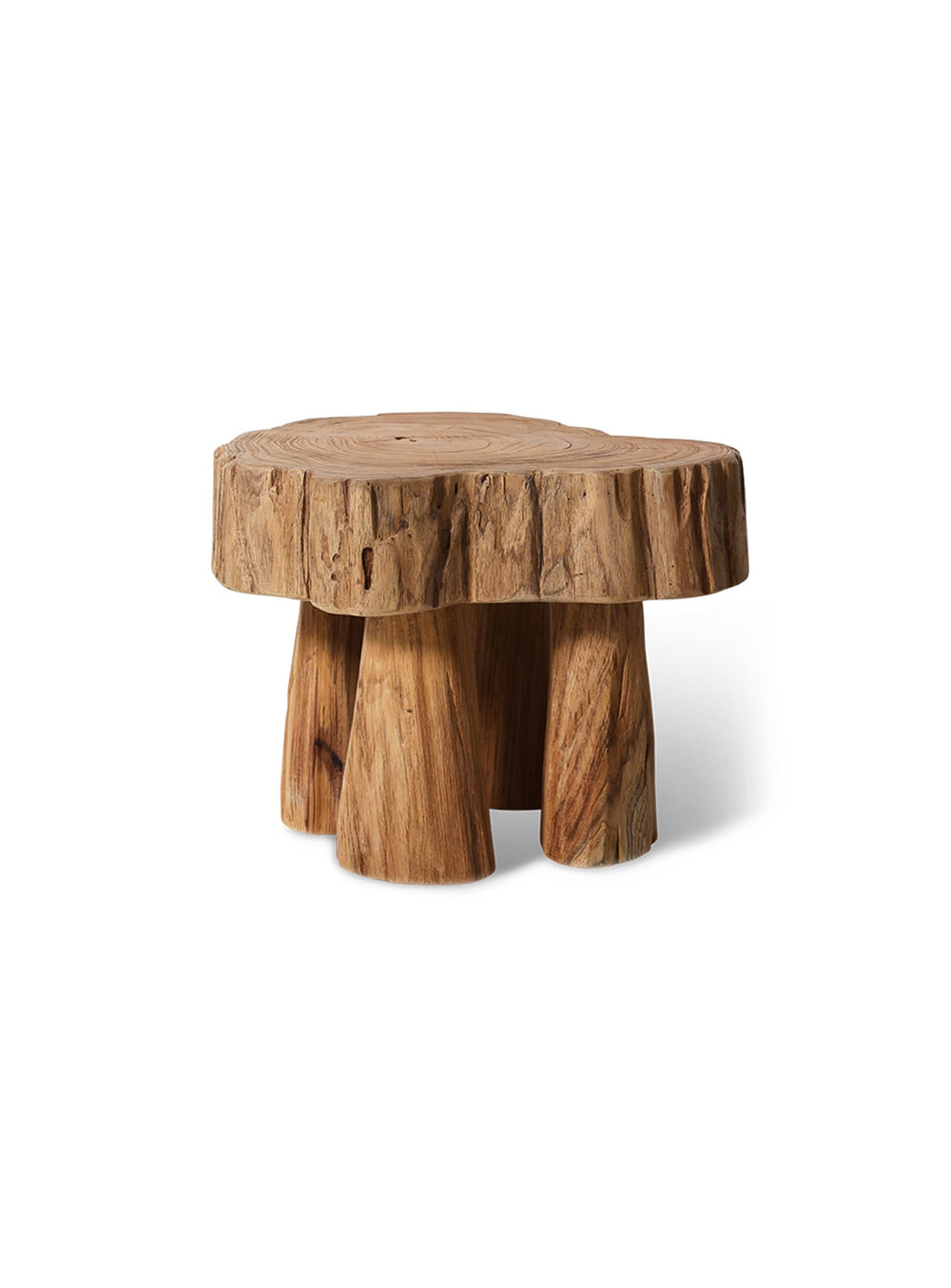 Tabouret Log HKliving, un mobilier en bois brut inspiré du design organique contemporain.