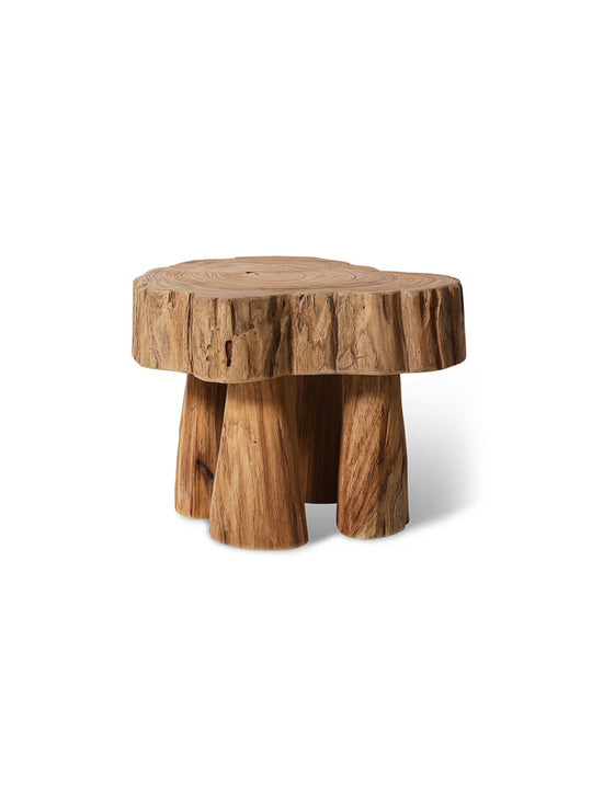 Tabouret Log HKliving, un mobilier en bois brut inspiré du design organique contemporain.