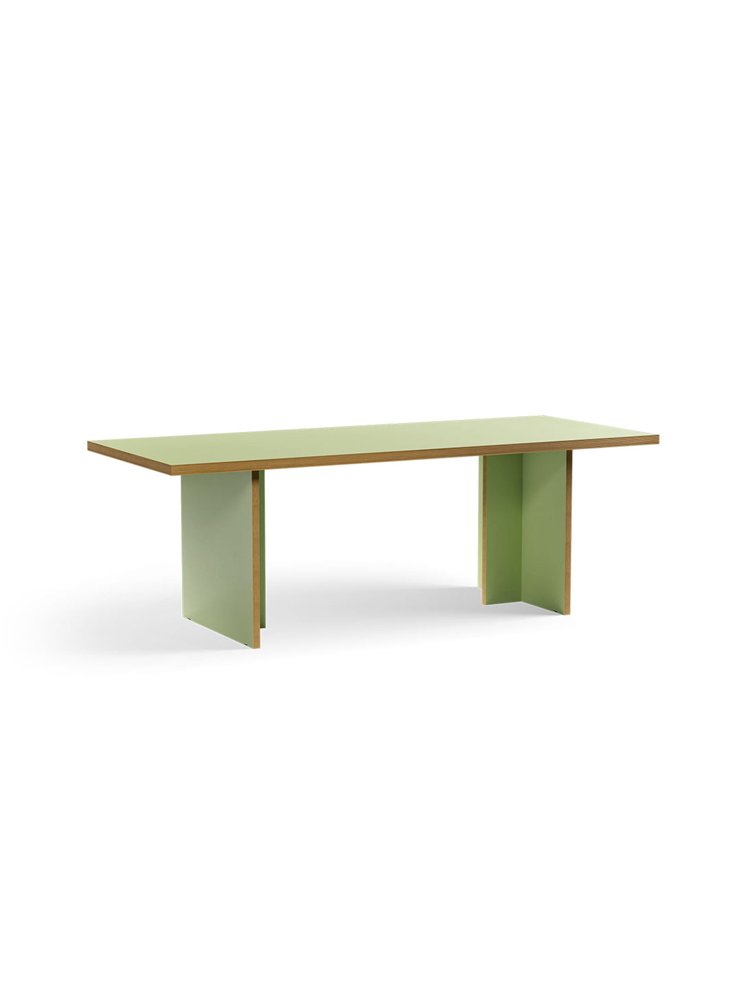 Table Monolyt HKliving, table contemporaine avec chants bois apparents chaleureux. pistache