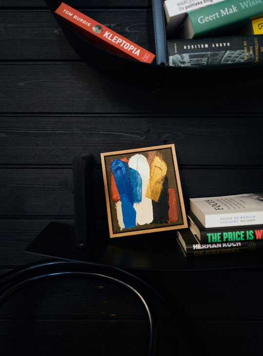 Tableau Moonlight Strokes HKliving, une petite toile abstraite aux touches bleu clair et or, douce et lumineuse.